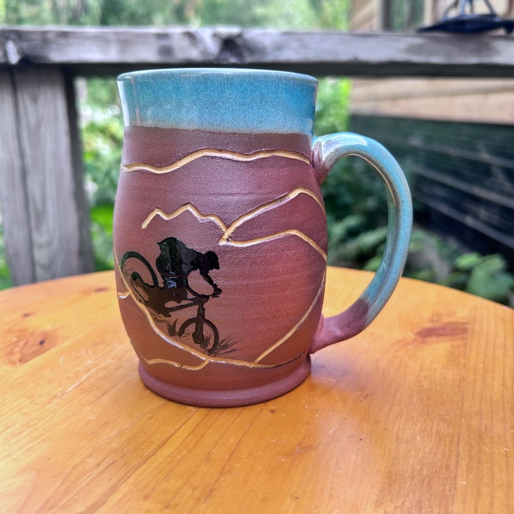 Mountain Biker Pottery Mug Turquoise Blue Ceramic Coffee Cup Large M2R Studio